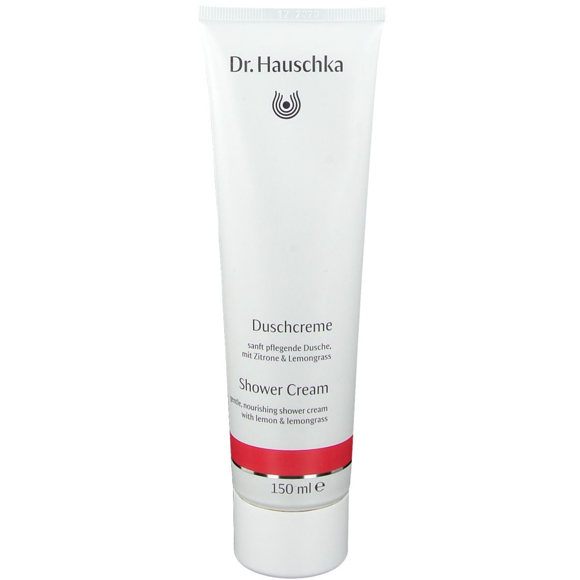 Tube blanche avec bande rouge. Inscription: Dr. Hauschka, Duschcreme, 150 ml.