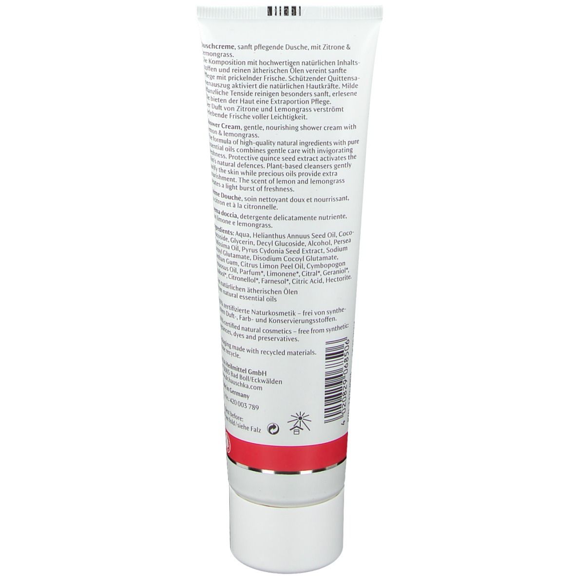 Dos d'un tube blanc avec texte. Bande rouge en bas.