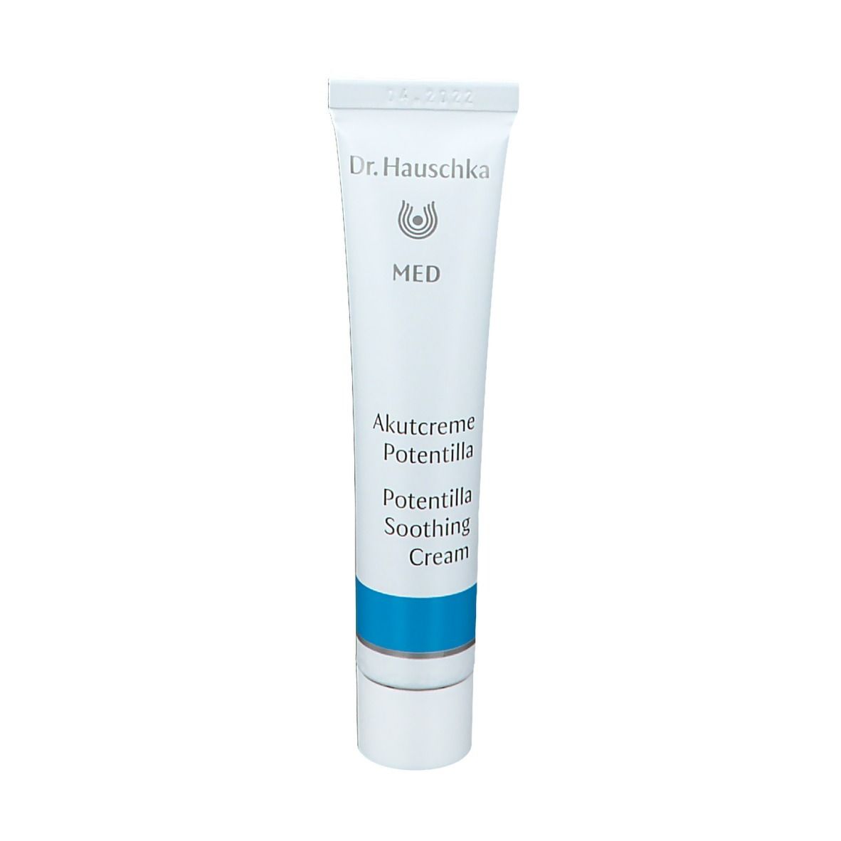 Tube blanche avec texte bleu. Inscription: Dr. Hauschka MED, Akutcreme Potentilla, Potentilla Soothing Cream.
