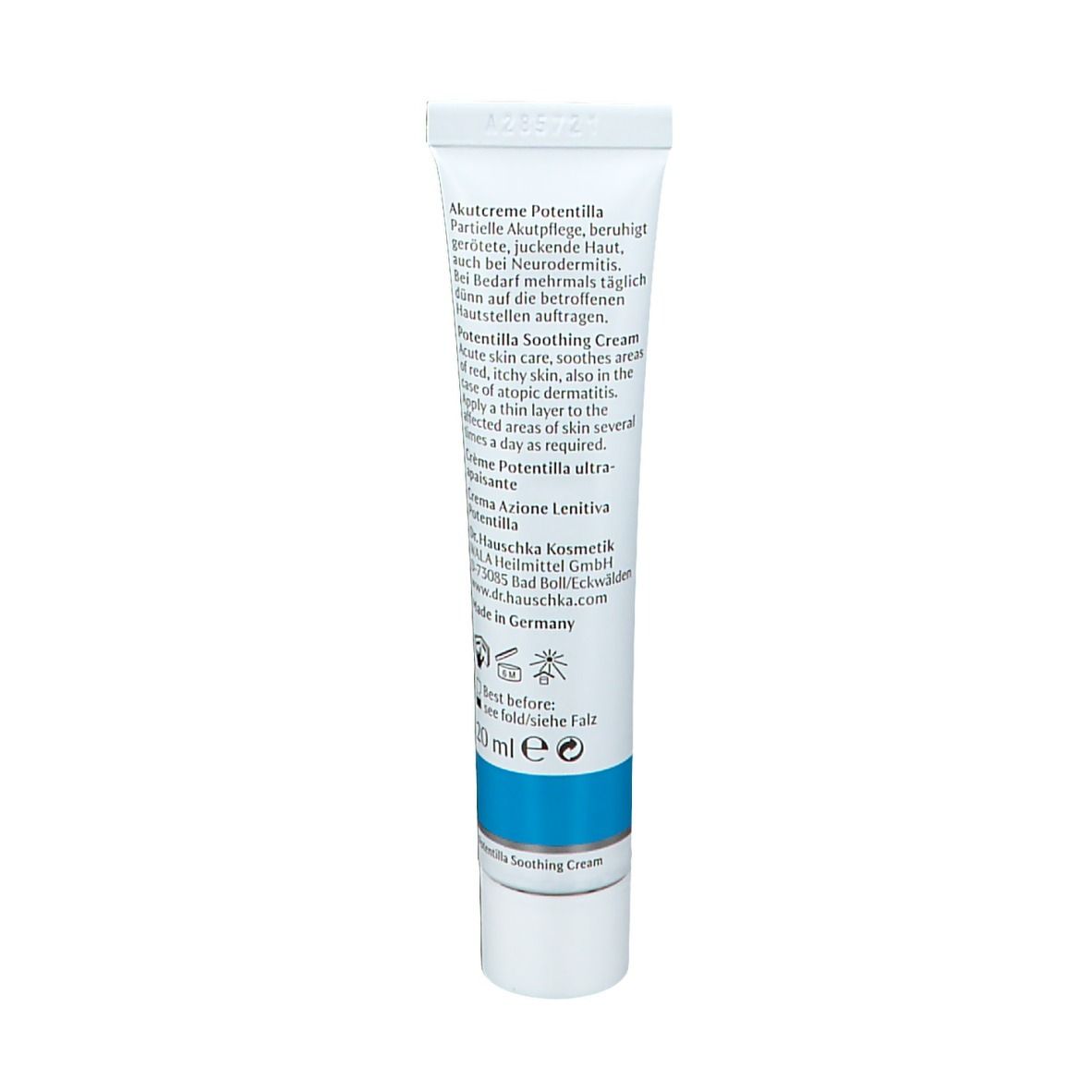 Dos du tube. Texte en allemand et anglais. Texte bleu sur fond blanc. Nom du produit et ingrédients.