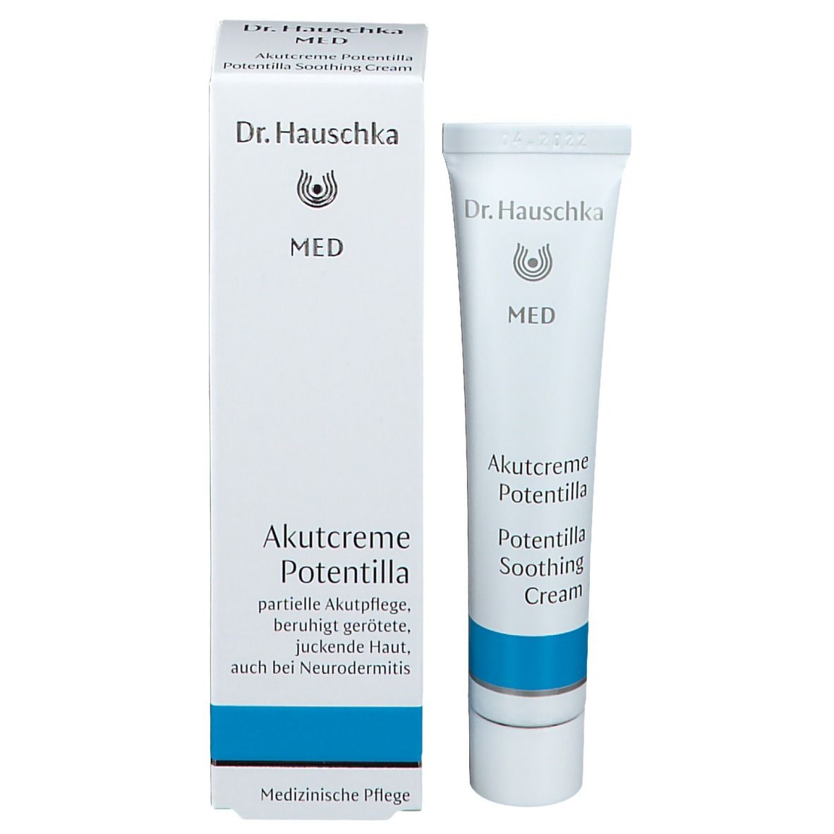 Emballage du produit. Boîte et tube blancs. Inscription: Dr. Hauschka MED, Akutcreme Potentilla, Potentilla Soothing Cream.