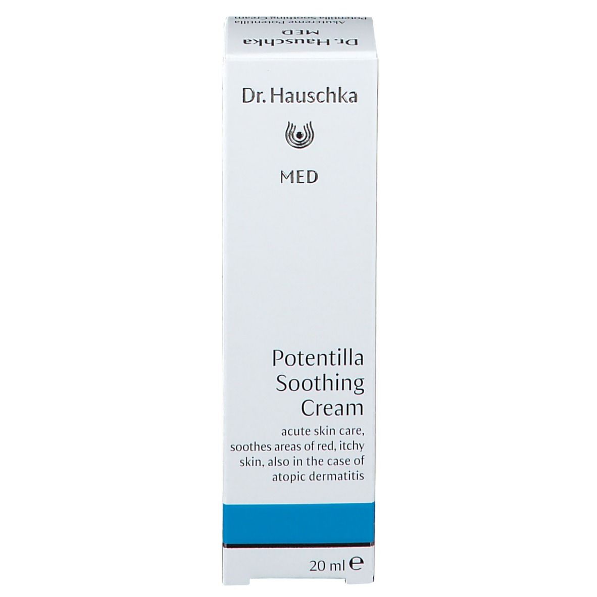 Boîte blanche avec texte bleu. Inscription: Potentilla Soothing Cream, 20 ml.