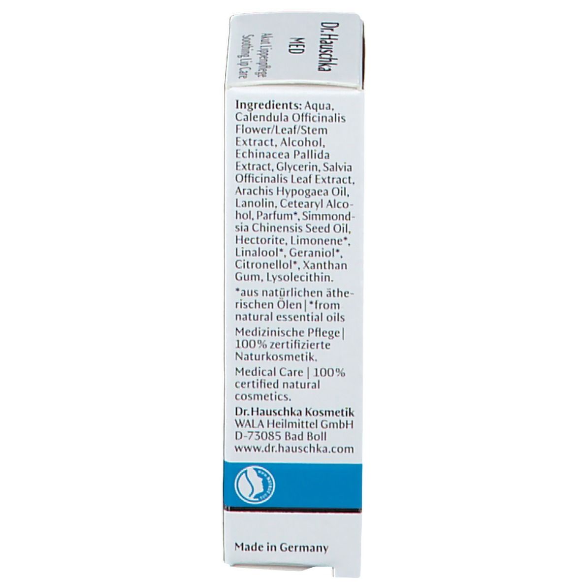 Dos de la boîte. Ingrédients, certifications, coordonnées. Texte: Medizinische Pflege, Made in Germany.
