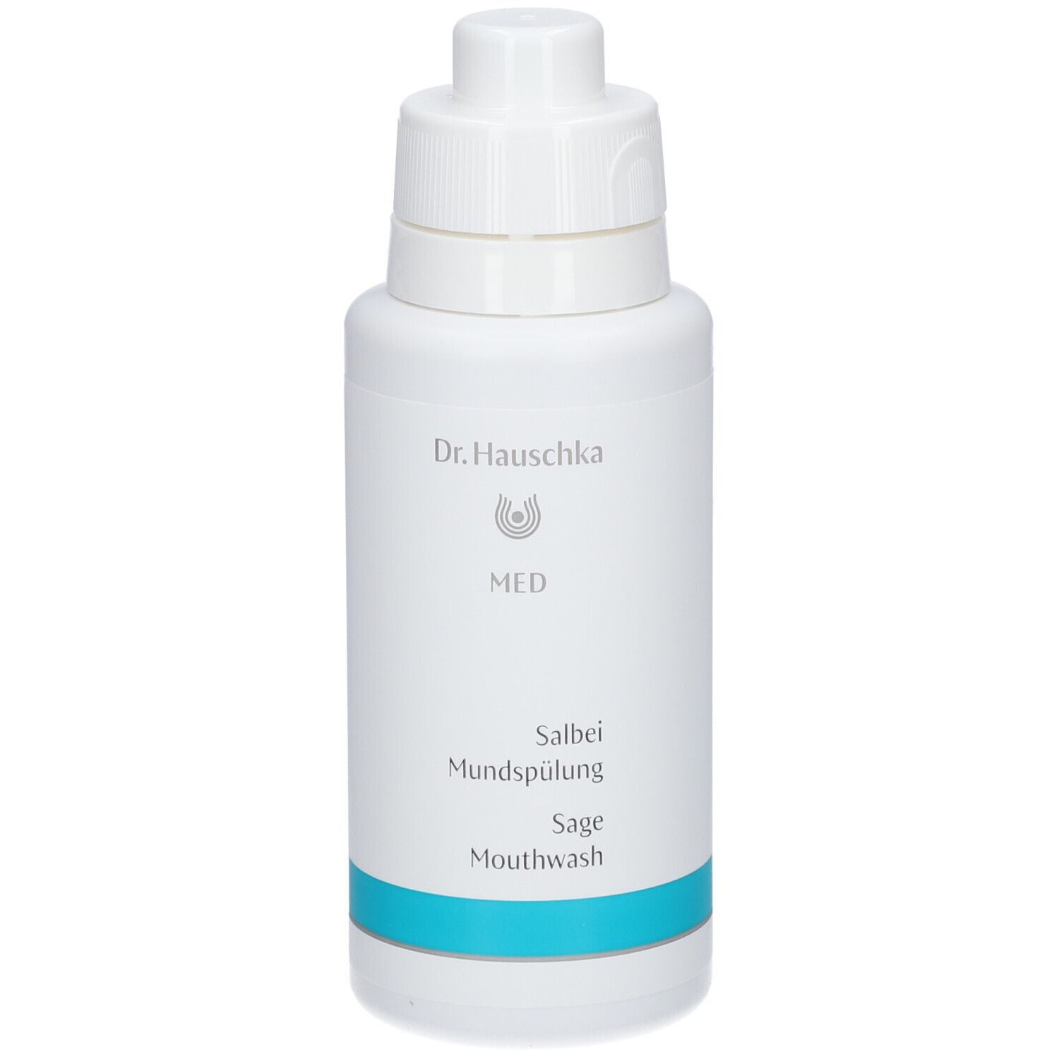 Flacon blanc avec bouchon blanc. Inscription : Dr. Hauschka MED, Salbei Mundspülung, Sage Mouthwash. Bande turquoise.