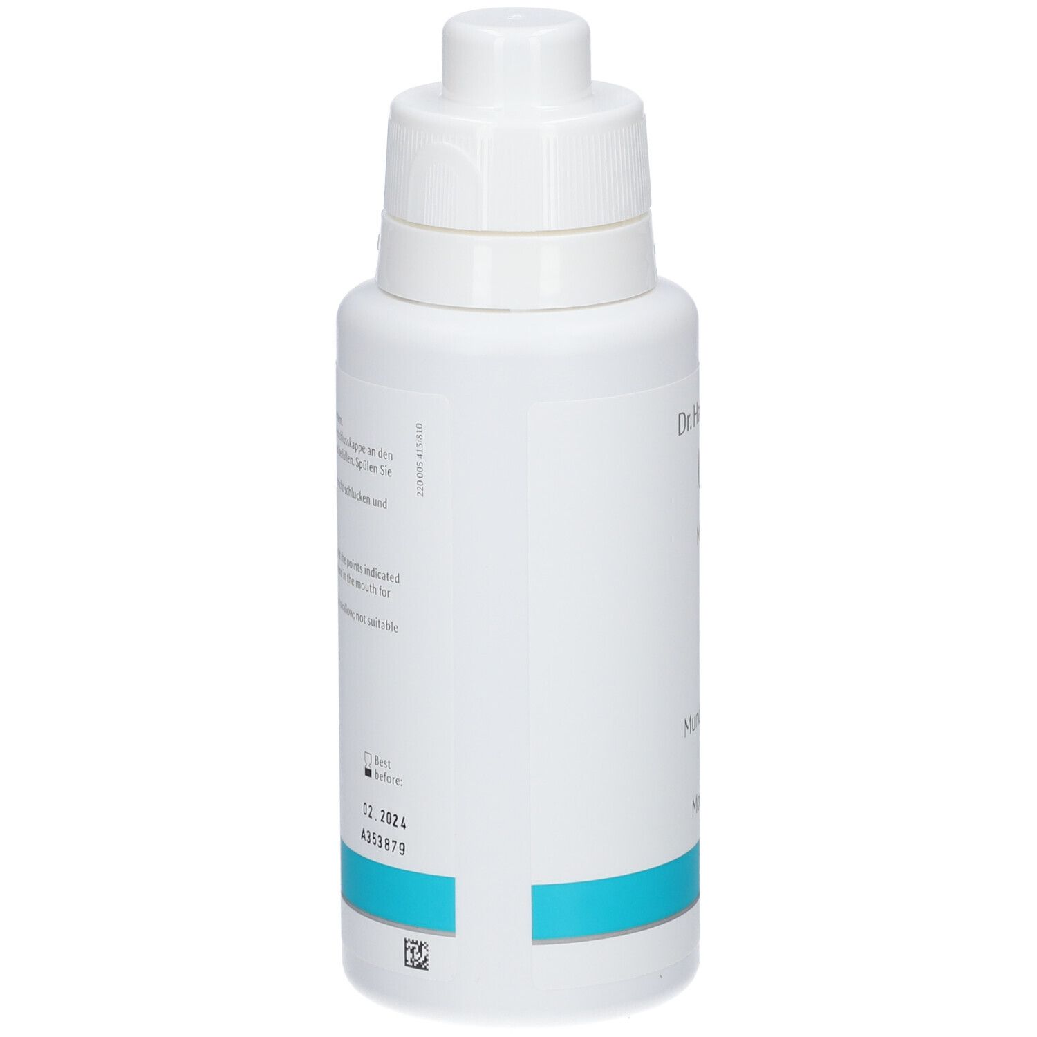 Flacon blanc avec bouchon blanc. Texte au dos. Bande turquoise en bas. Code QR.