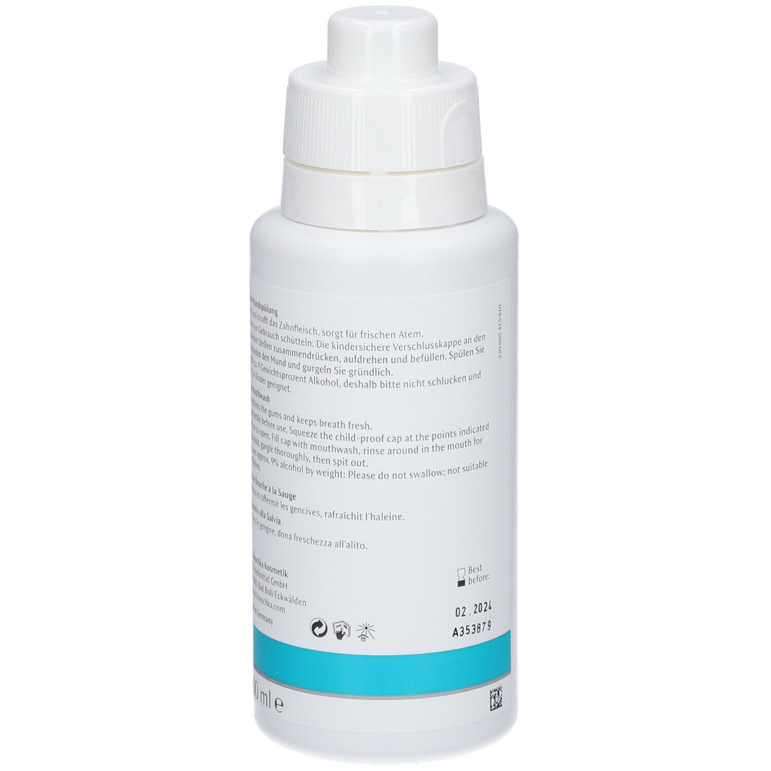 Flacon blanc avec bouchon blanc. Texte au dos. Bande turquoise en bas. Code QR.