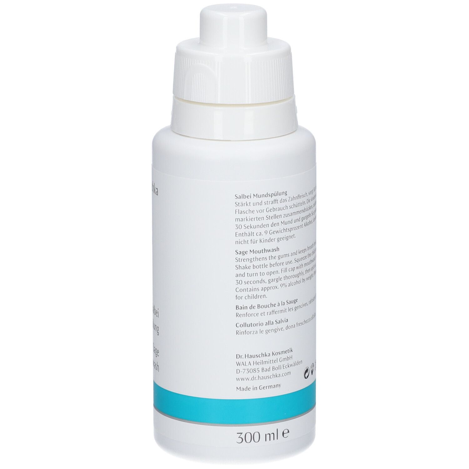 Flacon blanc avec bouchon blanc. Texte au dos. Bande turquoise en bas. 300 ml.
