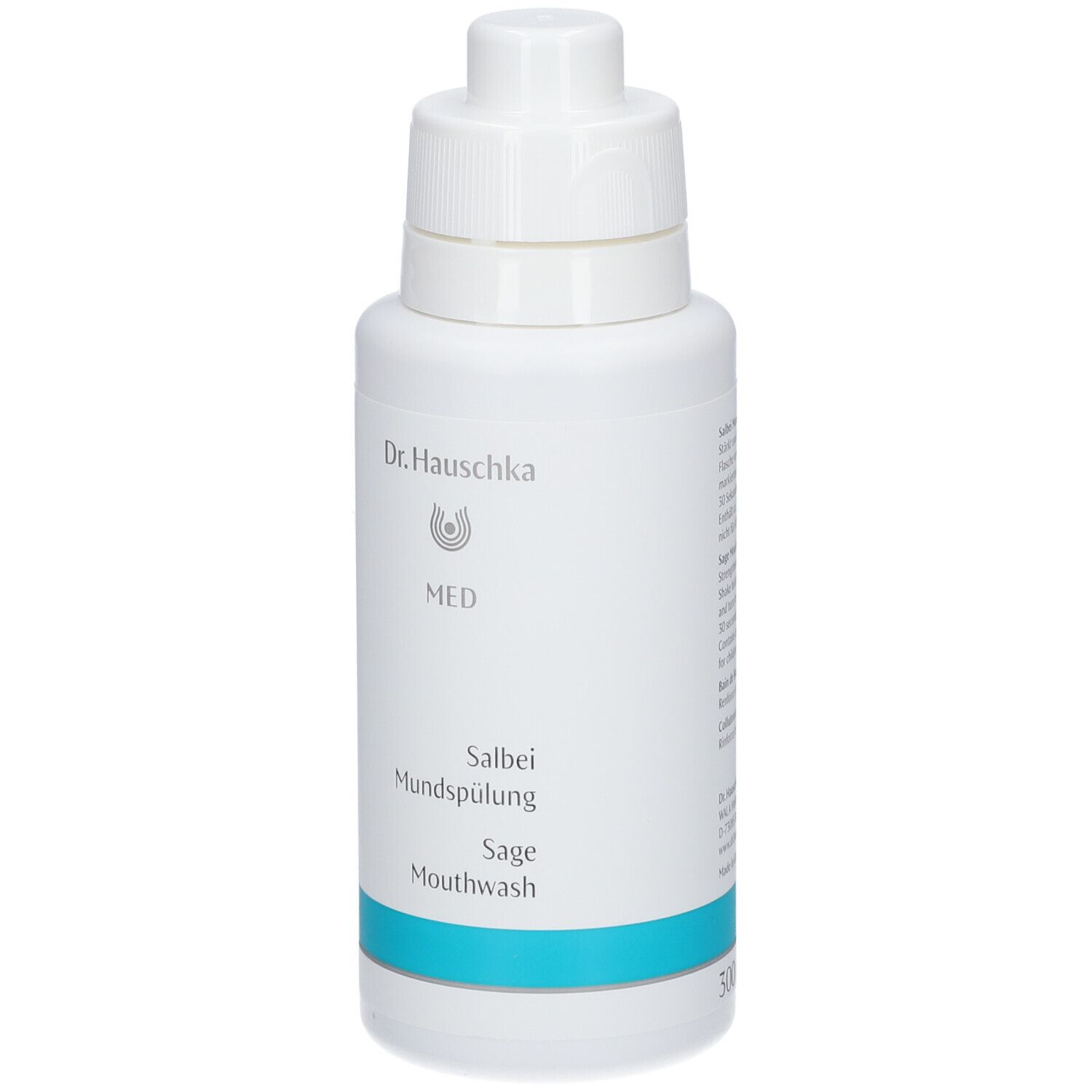 Flacon blanc avec bouchon blanc. Inscription : Dr. Hauschka MED, Salbei Mundspülung, Sage Mouthwash. 300 ml.