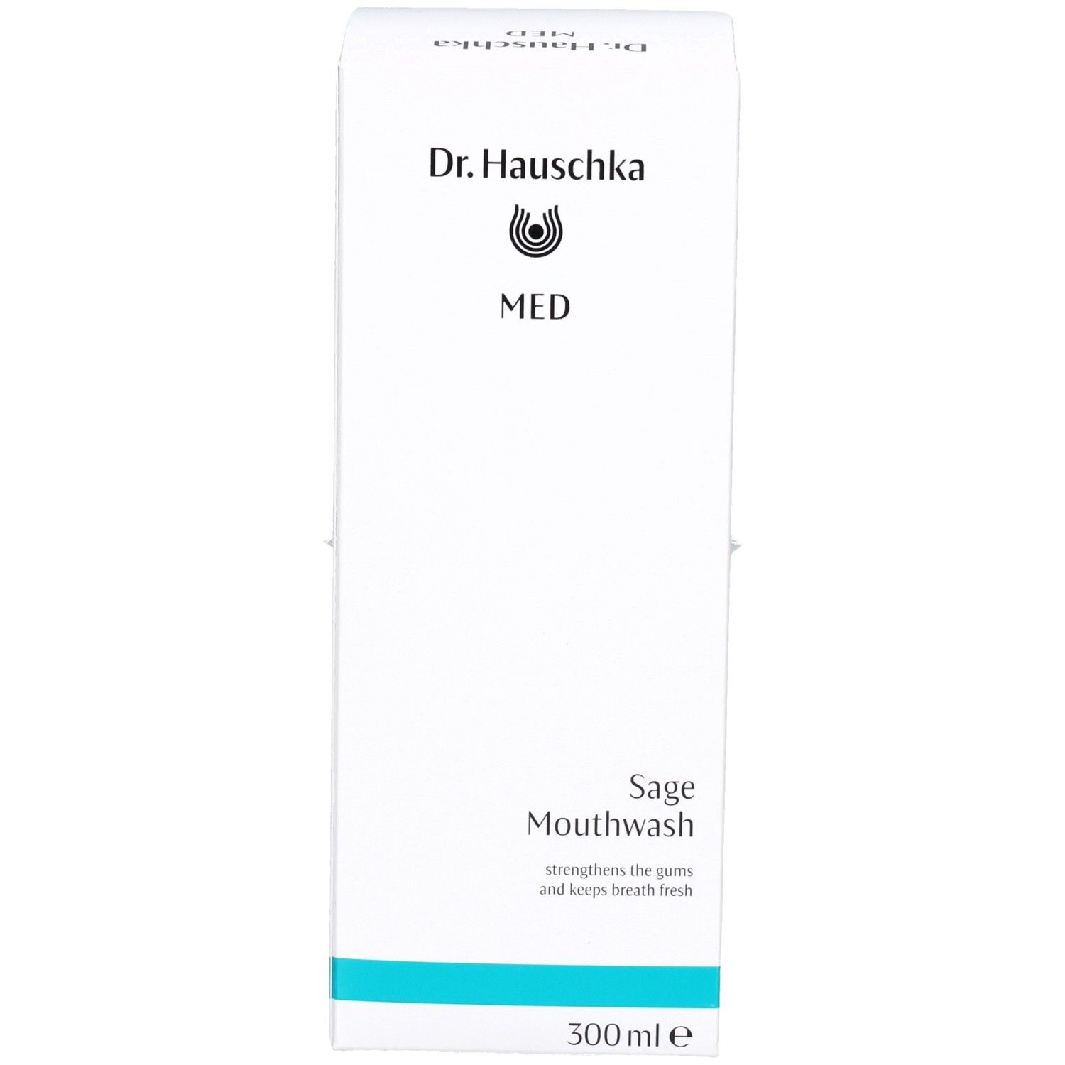Boîte blanche avec inscription : Dr. Hauschka MED, Sage Mouthwash. Bande turquoise. 300 ml.