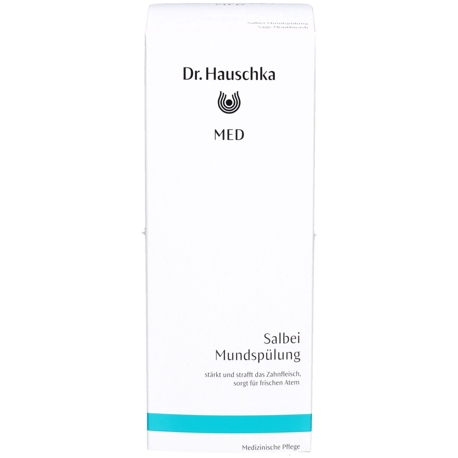 Boîte blanche avec inscription : Dr. Hauschka MED, Salbei Mundspülung. Bande turquoise. Soin médical.