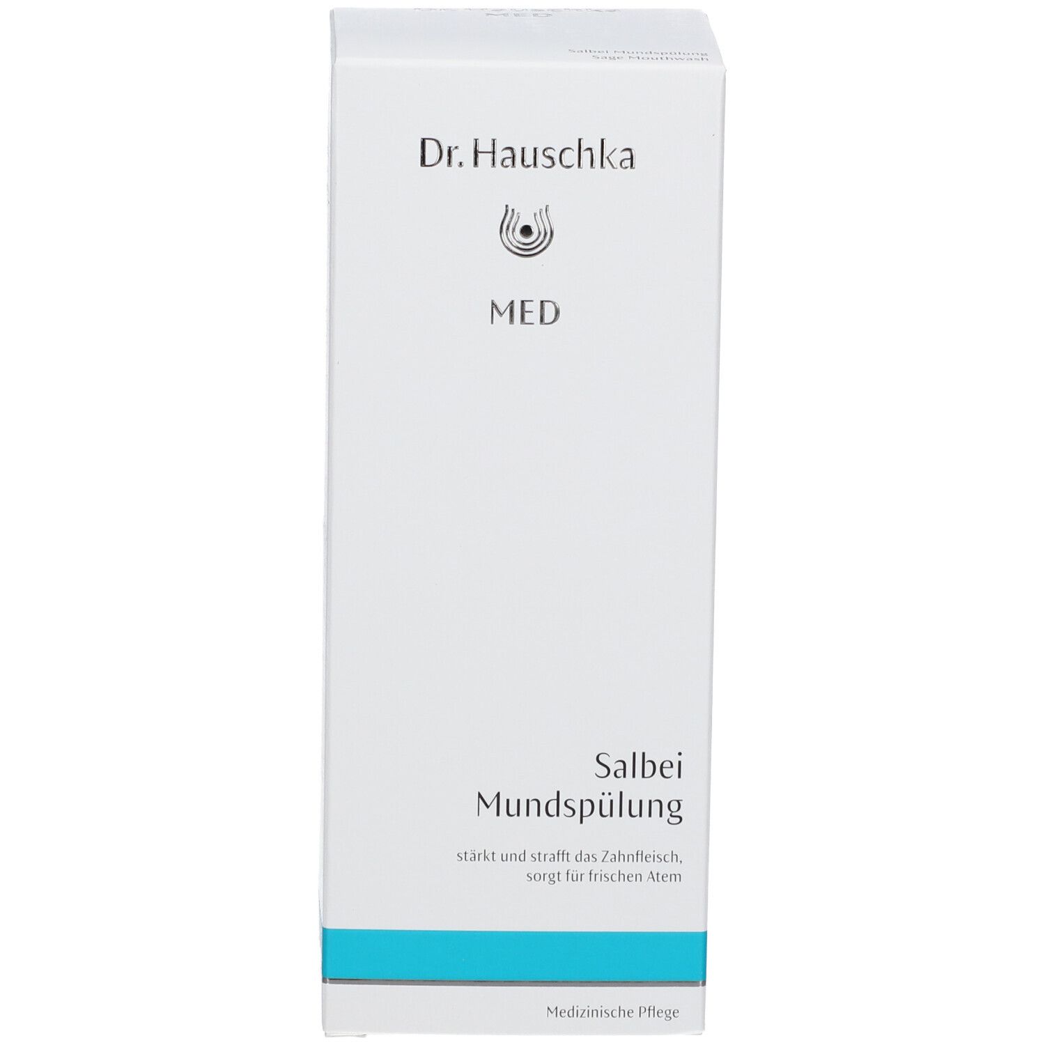 Boîte blanche avec inscription : Dr. Hauschka MED, Salbei Mundspülung. Bande turquoise. Soin médical.