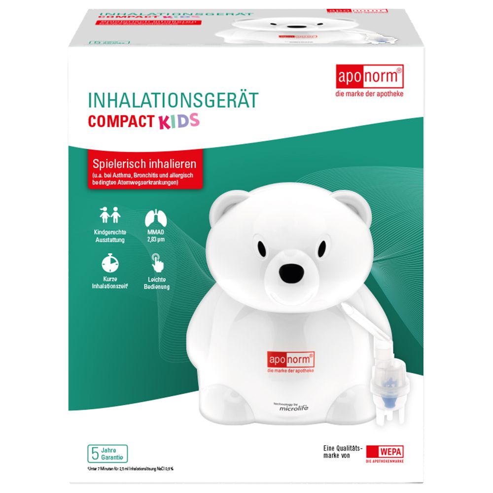 Inhalateur blanc en forme d'ours avec accessoires. Marque : aponorm. Technologie Microlife. Masque et embout buccal.