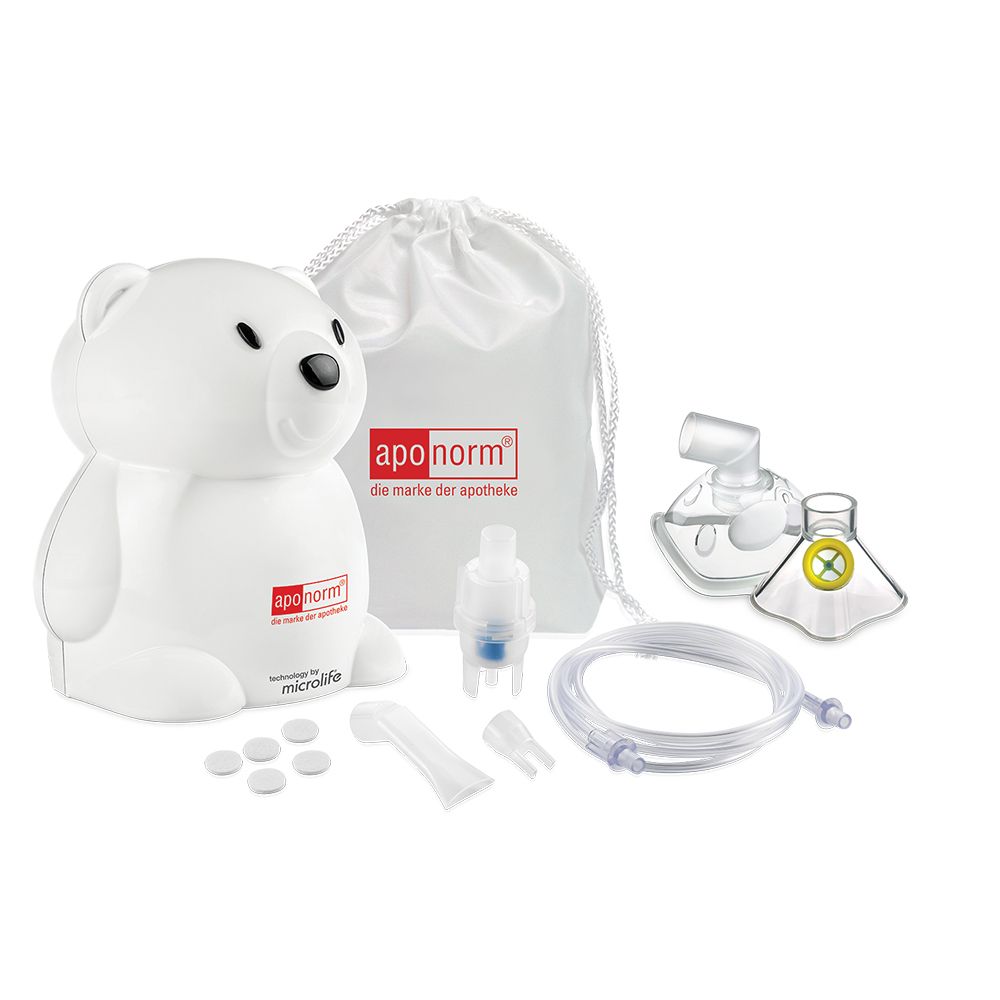 Emballage de l'appareil d'inhalation aponorm Compact KIDS. Inhalateur ours blanc. Texte : Appareil d'inhalation à compresseur.