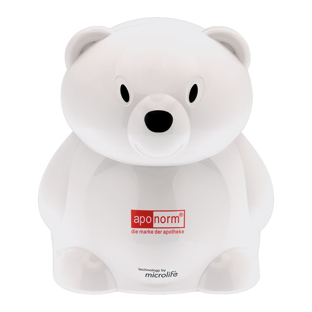 Inhalateur blanc en forme d'ours. Marque : aponorm. Texte : die marke der apotheke. Technologie Microlife.