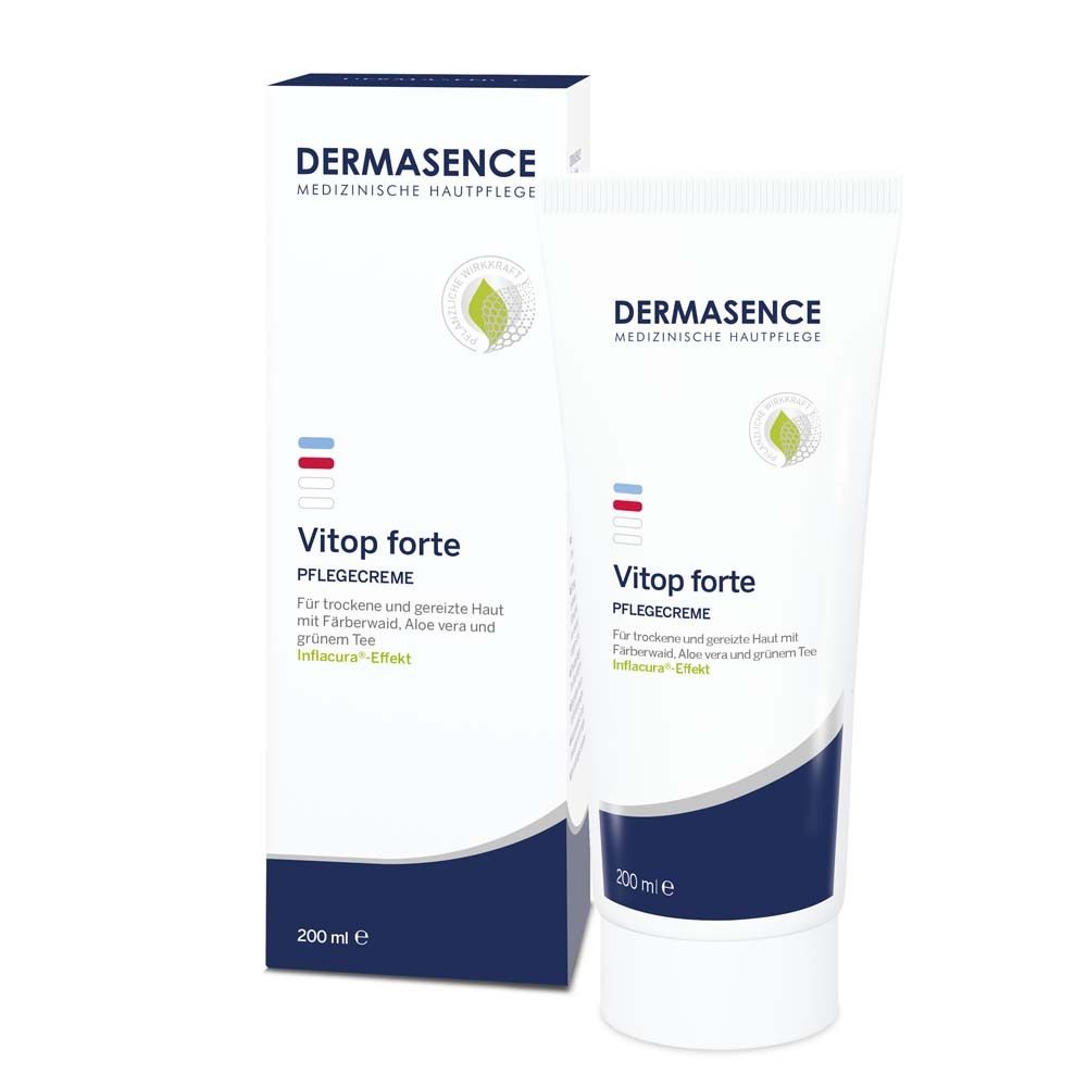 Tube blanche et bleue avec "DERMASENCE Vitop forte". 200 ml. Apaise, renforce la barrière cutanée.