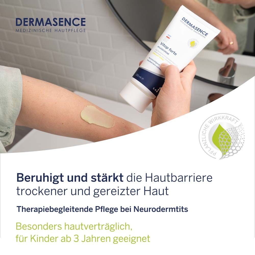 Homme et garçon avec produit et aloe vera. "DERMASENCE Vitop forte". Prévient les symptômes inflammatoires.