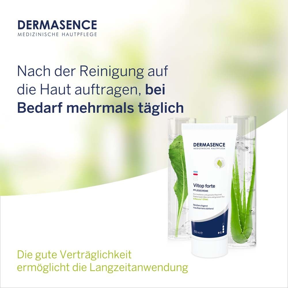 Produit, aloe vera et feuilles. "DERMASENCE Vitop forte". Pour les soins de la peau après le nettoyage.