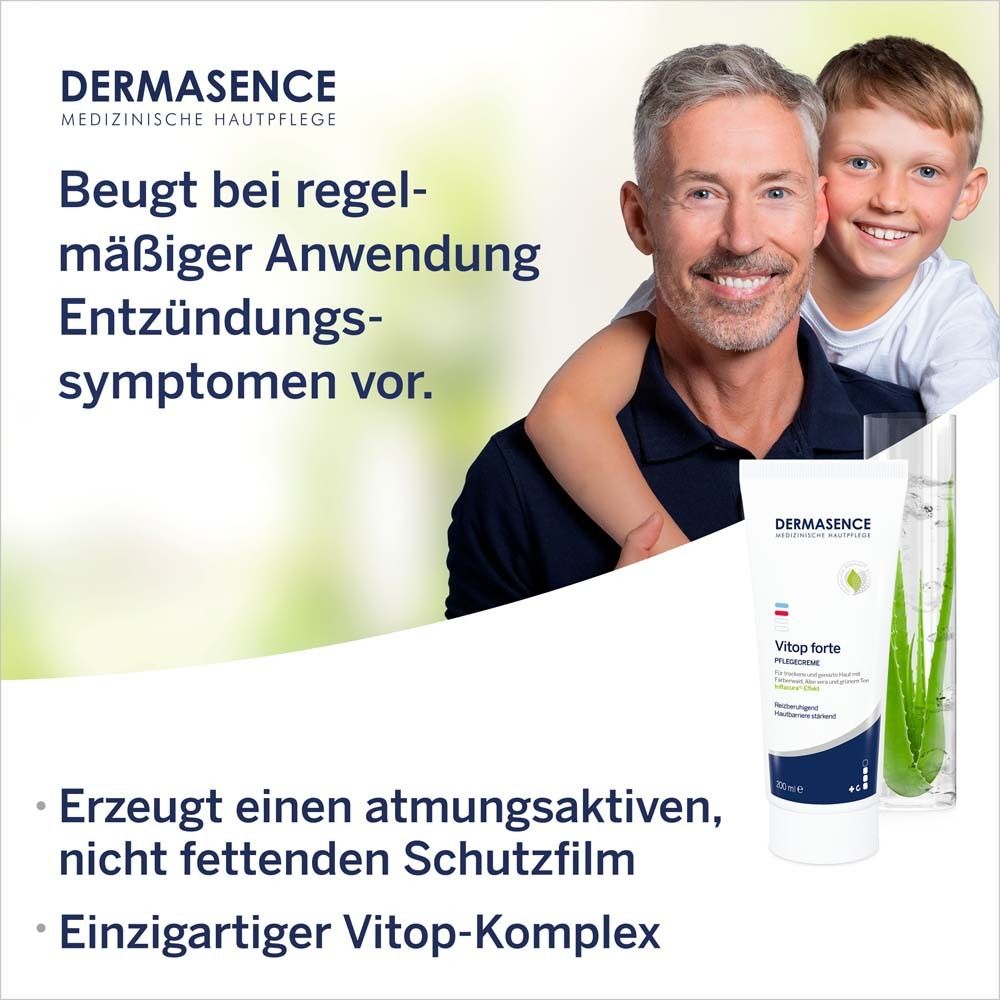 Main avec crème sur le doigt. "DERMASENCE Vitop forte". Apaise et renforce la barrière cutanée.