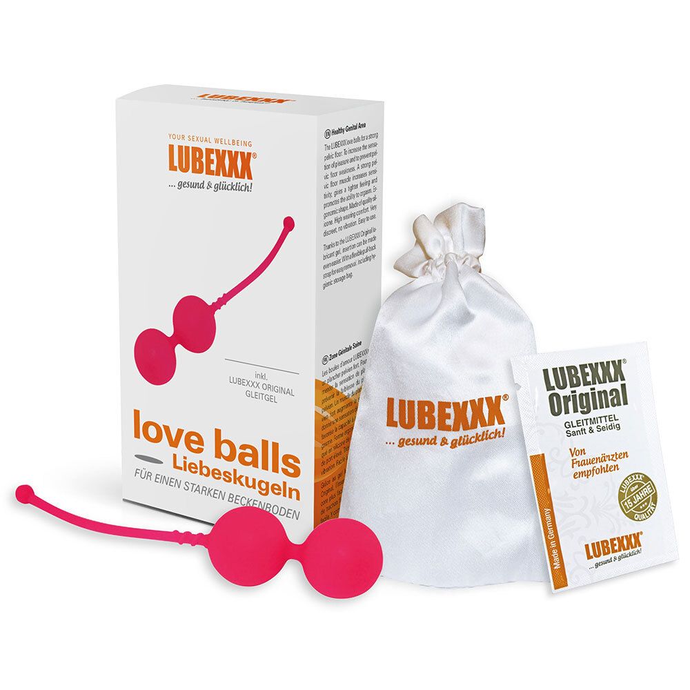 Boules de plaisir roses avec cordon et emballage. L'emballage porte les inscriptions "LUBEXXX" et "love balls".