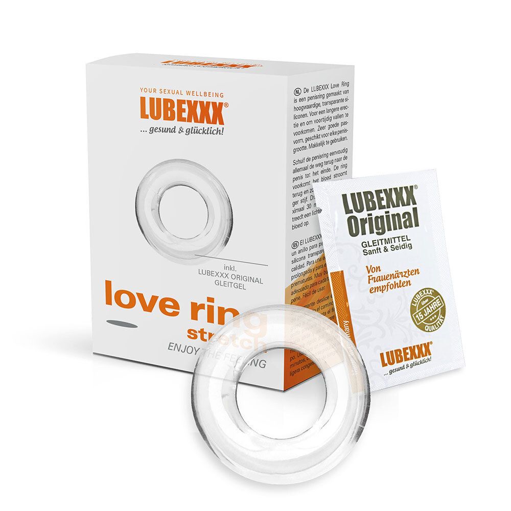 Anneau transparent, gel lubrifiant LUBEXXX Original et emballage. Inscription : love ring stretch, LUBEXXX.