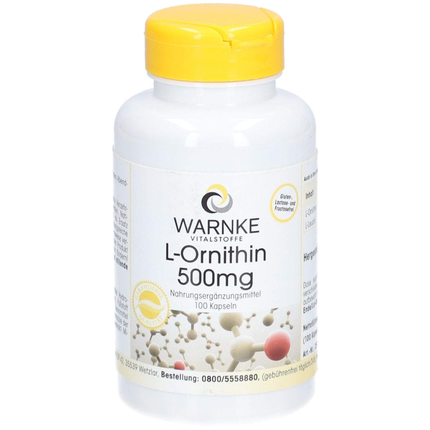 Flacon blanc à bouchon jaune. Inscription : WARNKE L-Ornithine 500mg. 100 gélules. Complément alimentaire. Graphique moléculaire.