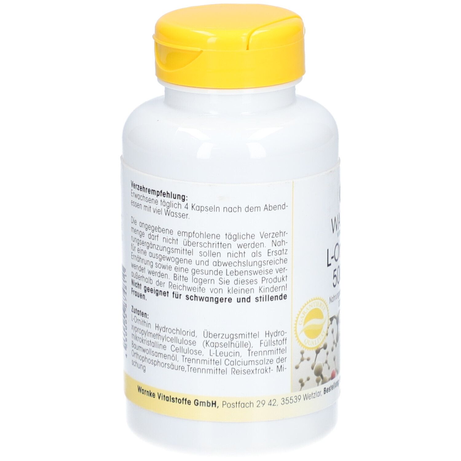 Dos de la bouteille blanche à bouchon jaune. Texte sur la posologie recommandée et les ingrédients. Non pour femmes enceintes et allaitantes.