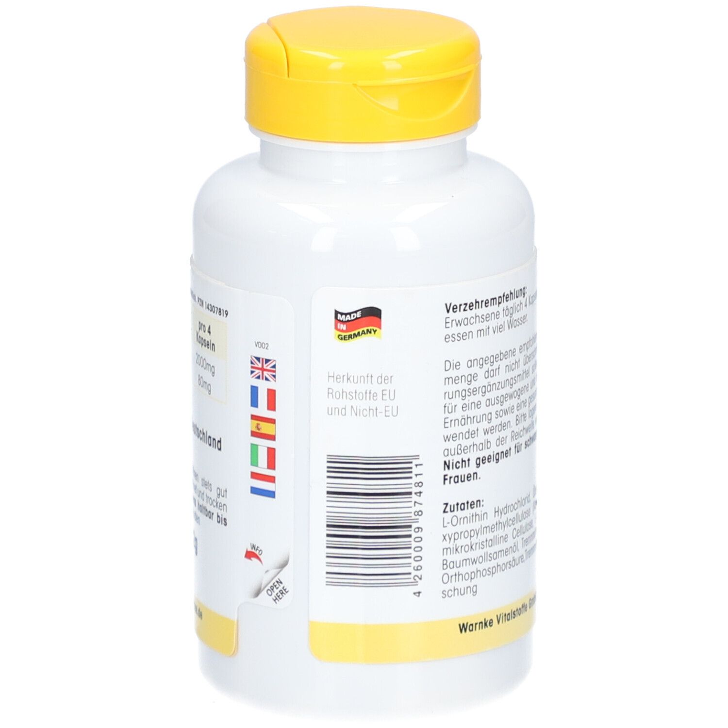 Dos de la bouteille blanche à bouchon jaune. Texte sur la posologie recommandée et les ingrédients. Fabriqué en Allemagne. Code-barres.