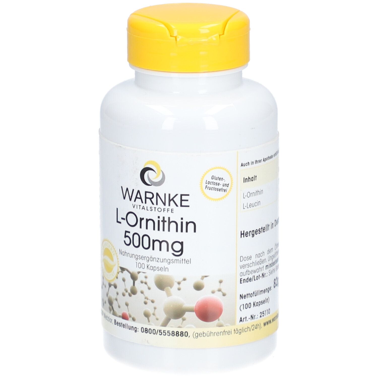 Flacon blanc à bouchon jaune. Inscription : WARNKE L-Ornithine 500mg. 100 gélules. Complément alimentaire. Contenu : L-Ornithine, L-Leucine.