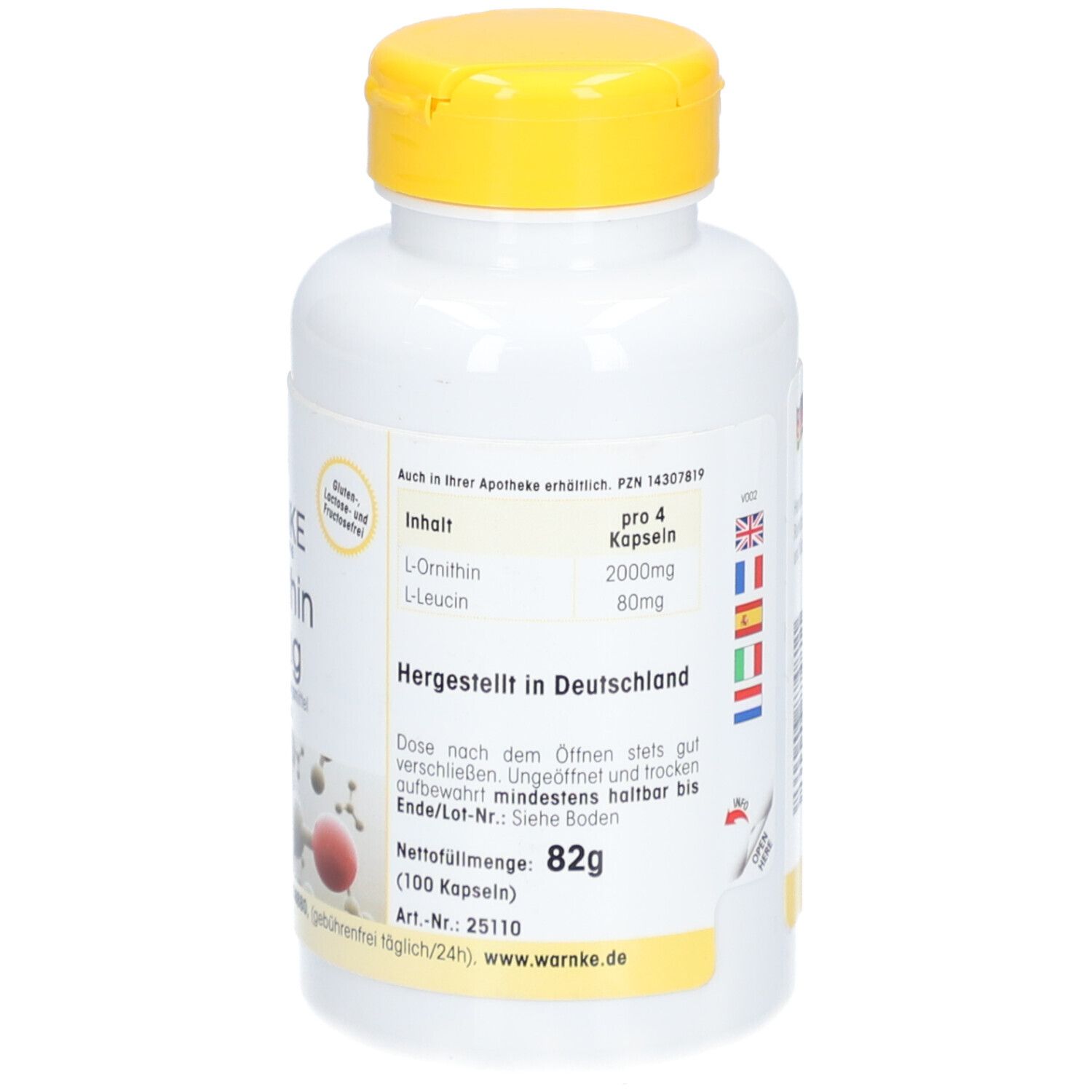 Flacon blanc à bouchon jaune. Inscription : WARNKE L-Ornithine 500mg. 100 gélules. Complément alimentaire. Poids net : 82g. Fabriqué en Allemagne.