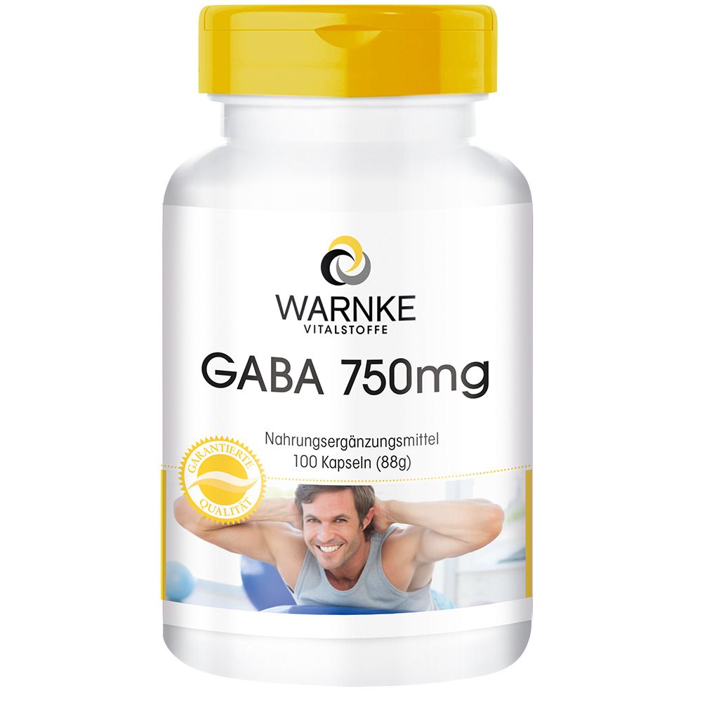 Flacon blanc à bouchon jaune. Inscription GABA 750mg. Marque WARNKE Vitalstoffe. 100 gélules.