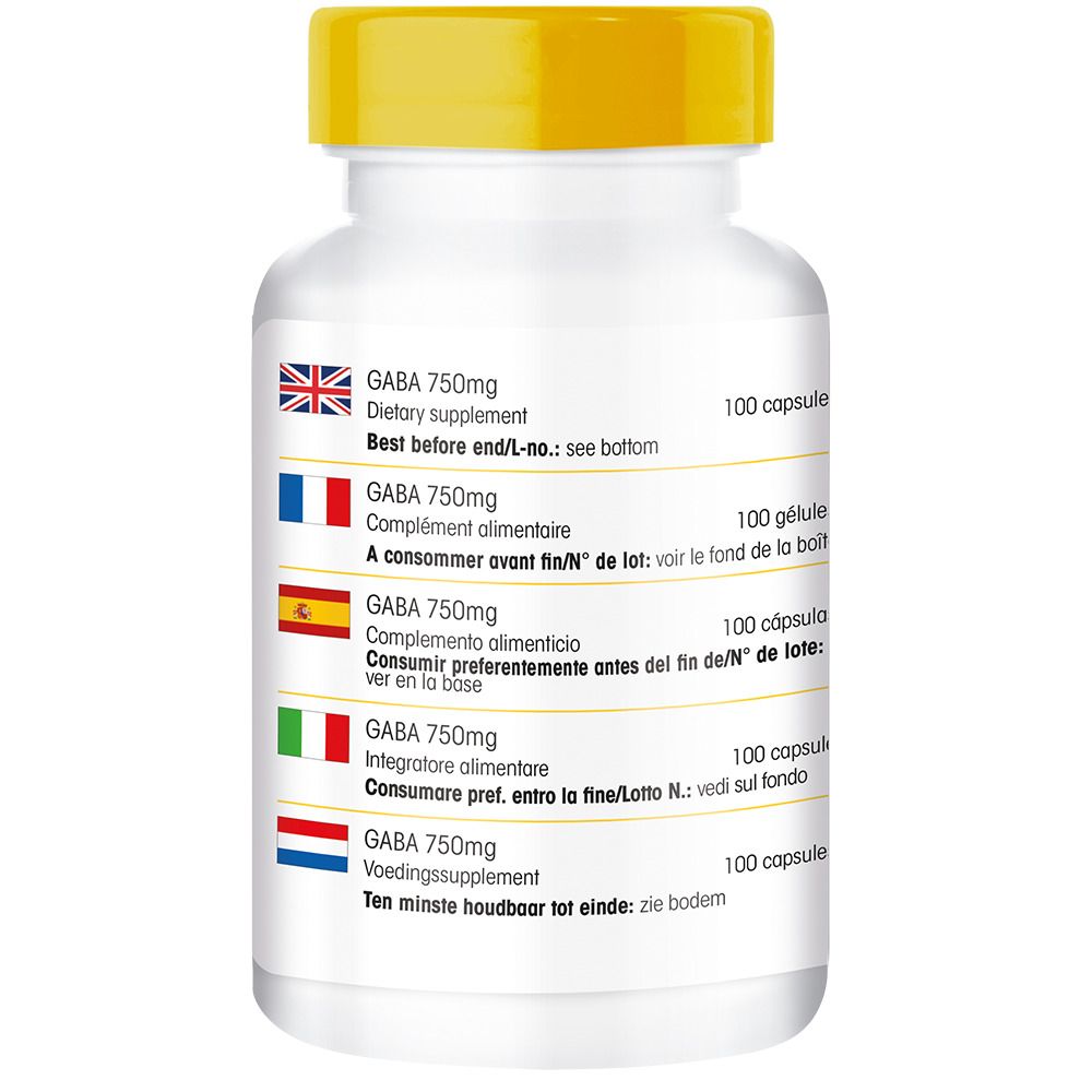 Dos du flacon. Informations multilingues : GABA 750mg, 100 gélules. Drapeaux : Royaume-Uni, FR, ES, IT, NL.
