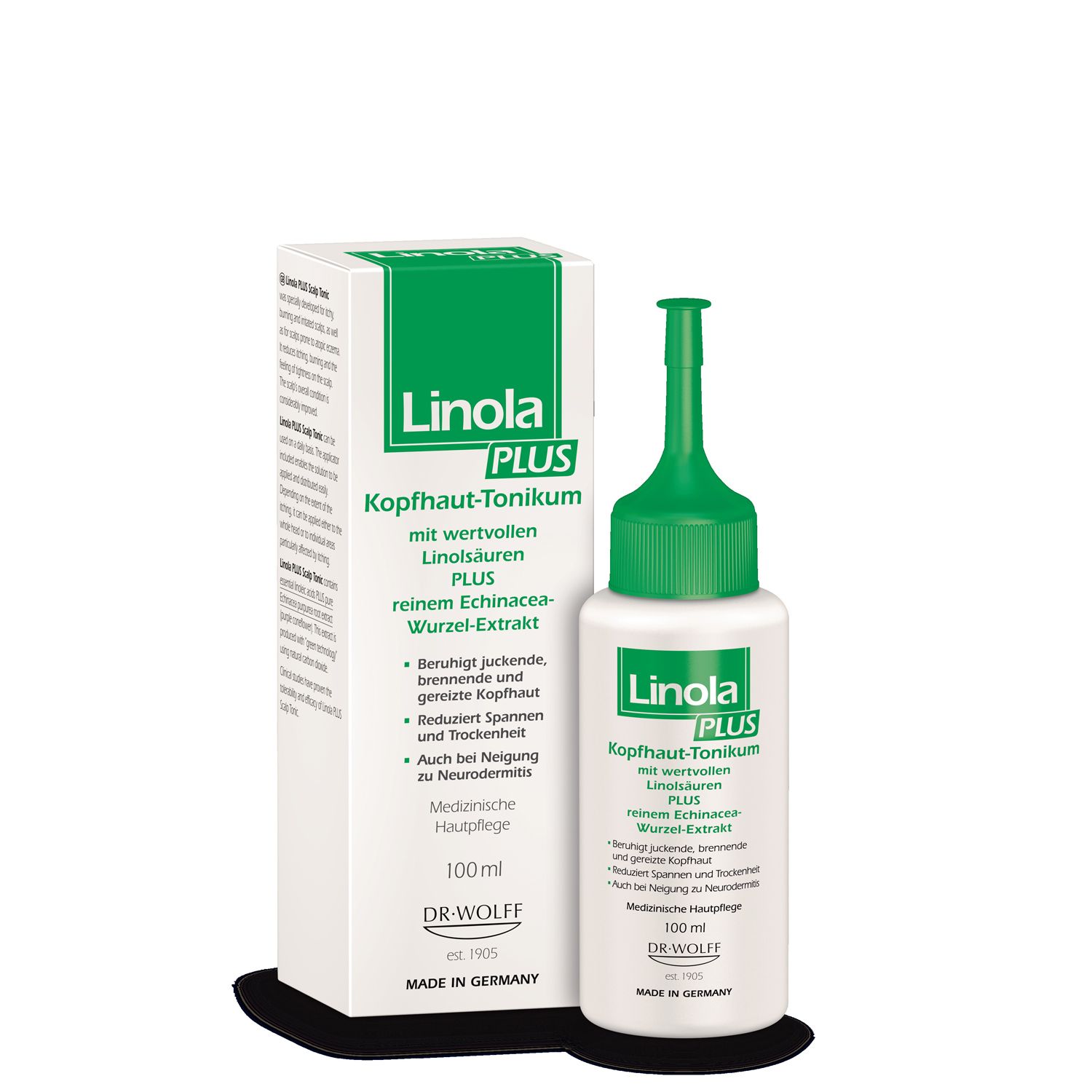 Flacon blanc avec bouchon vert et boîte. Inscription : Linola PLUS Kopfhaut-Tonikum.