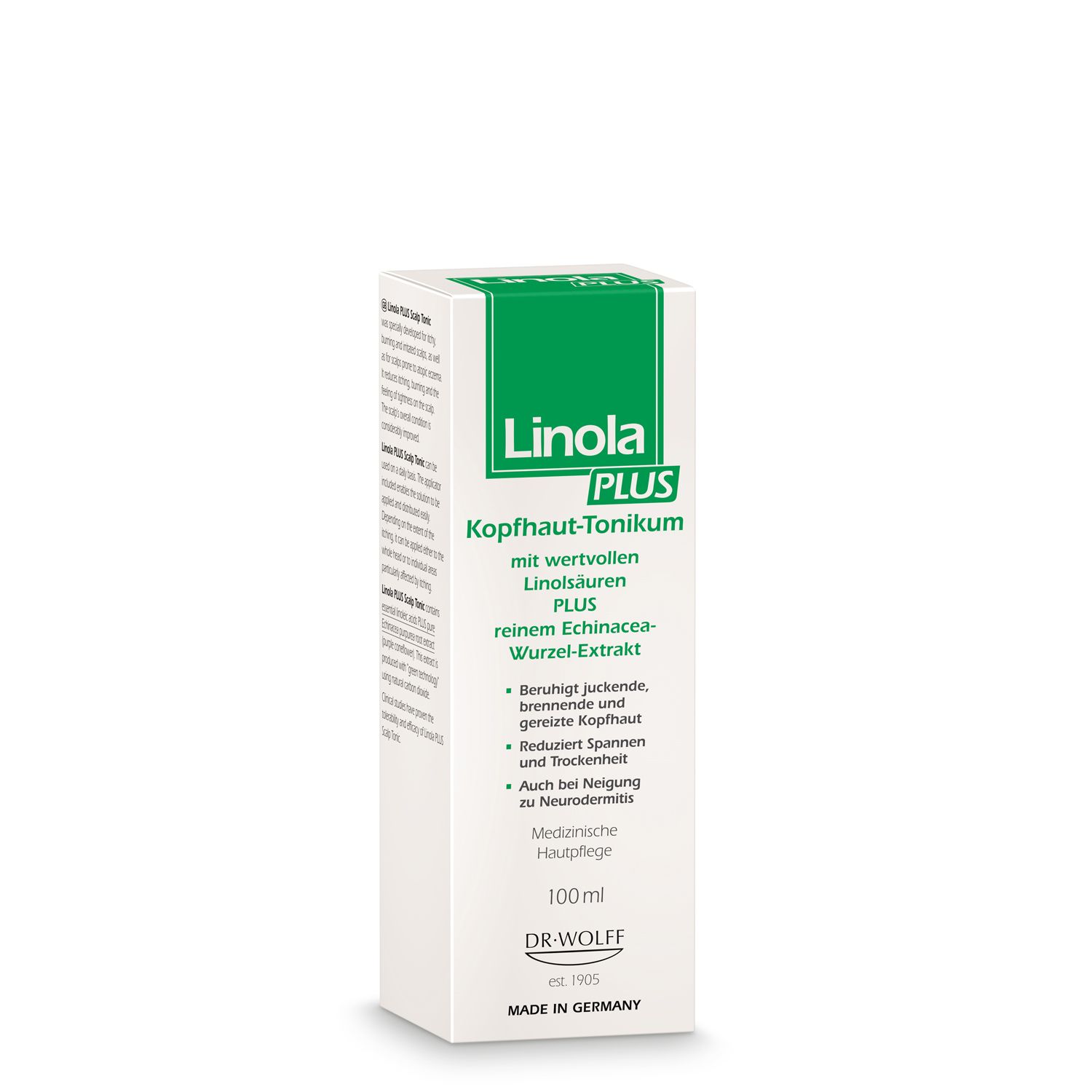 Boîte avec dessus vert. Inscription : Linola PLUS Kopfhaut-Tonikum. Soin médical de la peau.
