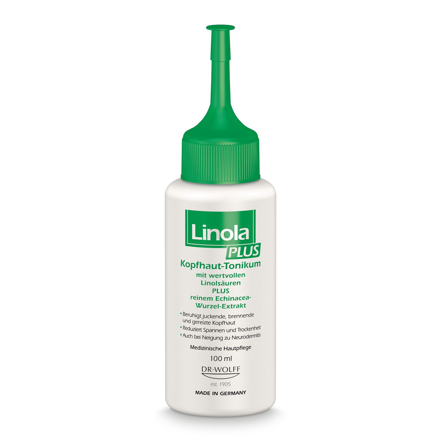 Flacon blanc avec bouchon vert. Inscription : Linola PLUS Kopfhaut-Tonikum. Soin médical de la peau.