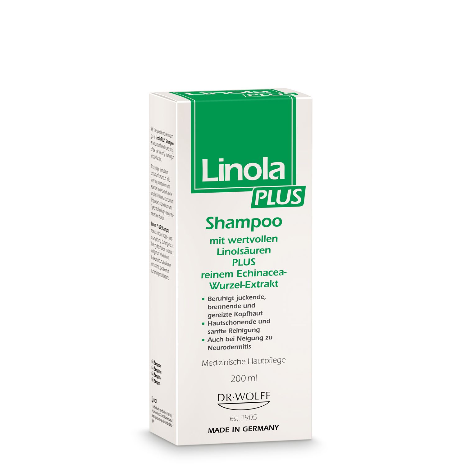 Emballage du shampooing Linola PLUS. Blanc avec couvercle vert. Texte : Shampooing, acides linoléiques, extrait de racine d'échinacée. Soin médical de la peau.