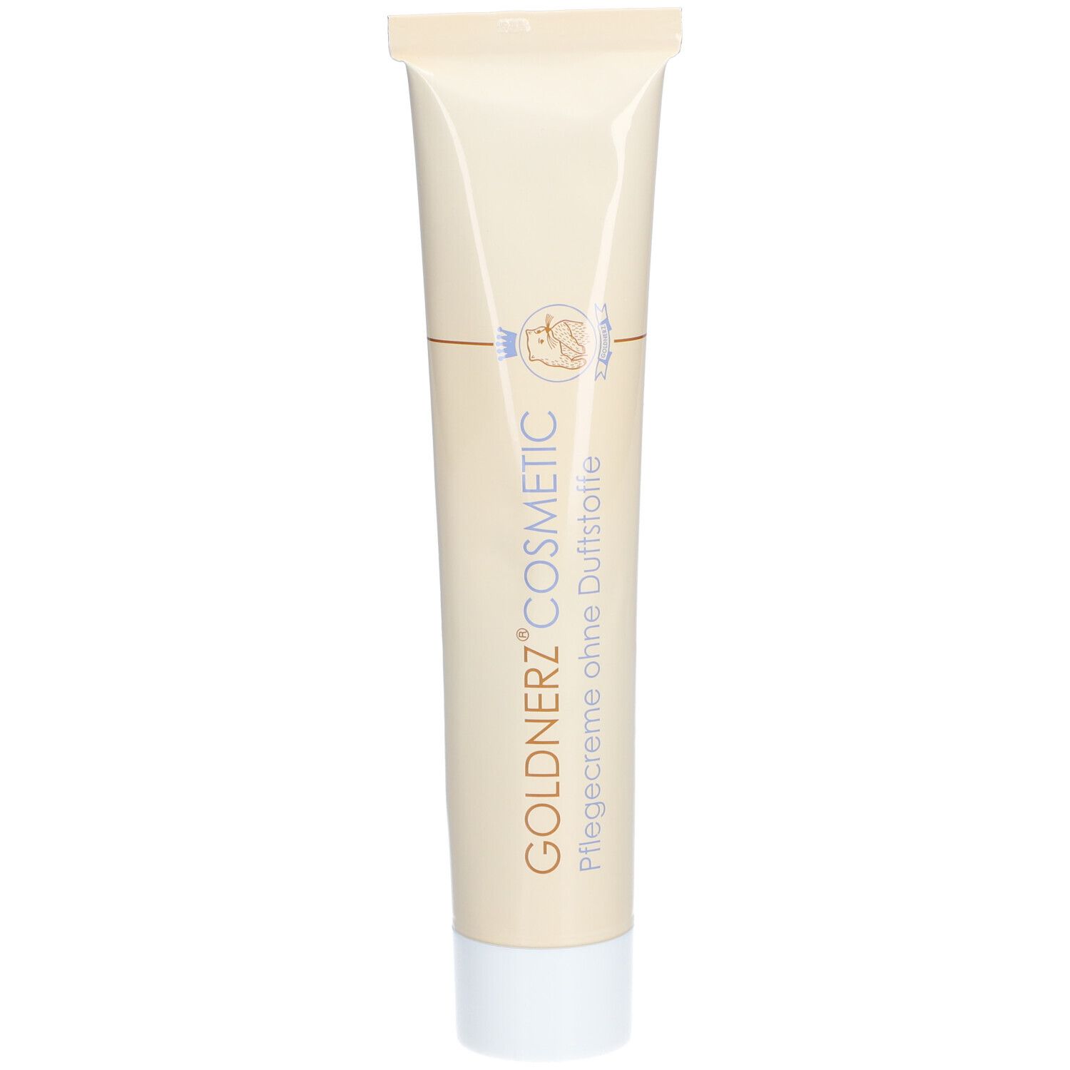 Tube beige avec bouchon blanc. Inscription : GOLDNERZ COSMETIC, Pflegecreme ohne Duftstoffe. Logo avec fleur.