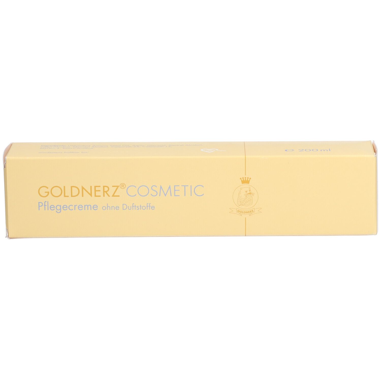 Boîte beige avec inscription : GOLDNERZ COSMETIC, Pflegecreme ohne Duftstoffe. Logo et lettrage.