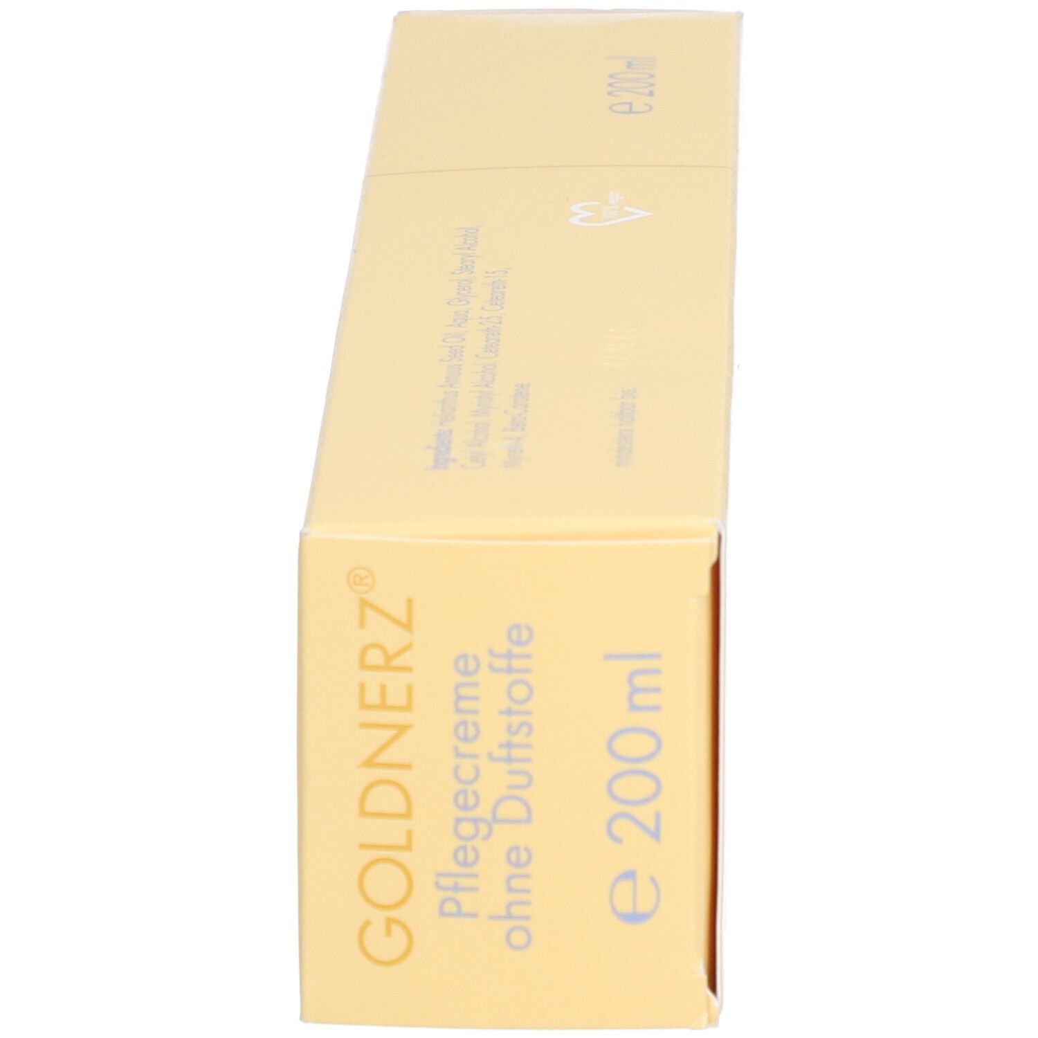 Boîte vue de dessus. Inscription : GOLDNERZ, Pflegecreme ohne Duftstoffe, e 200 ml. Logo.