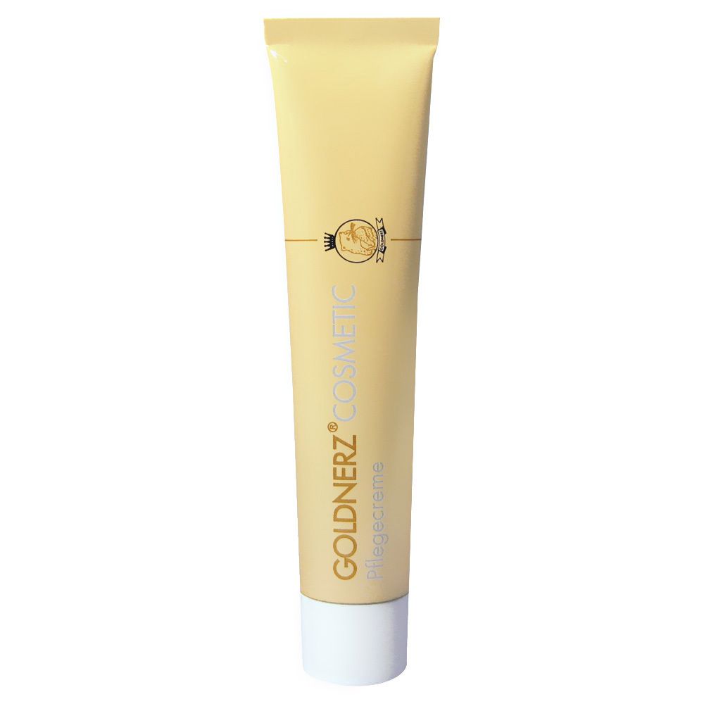 Tube de crème dorée avec bouchon blanc. Inscription : GOLDNERZ® COSMETIC Pflegecreme.