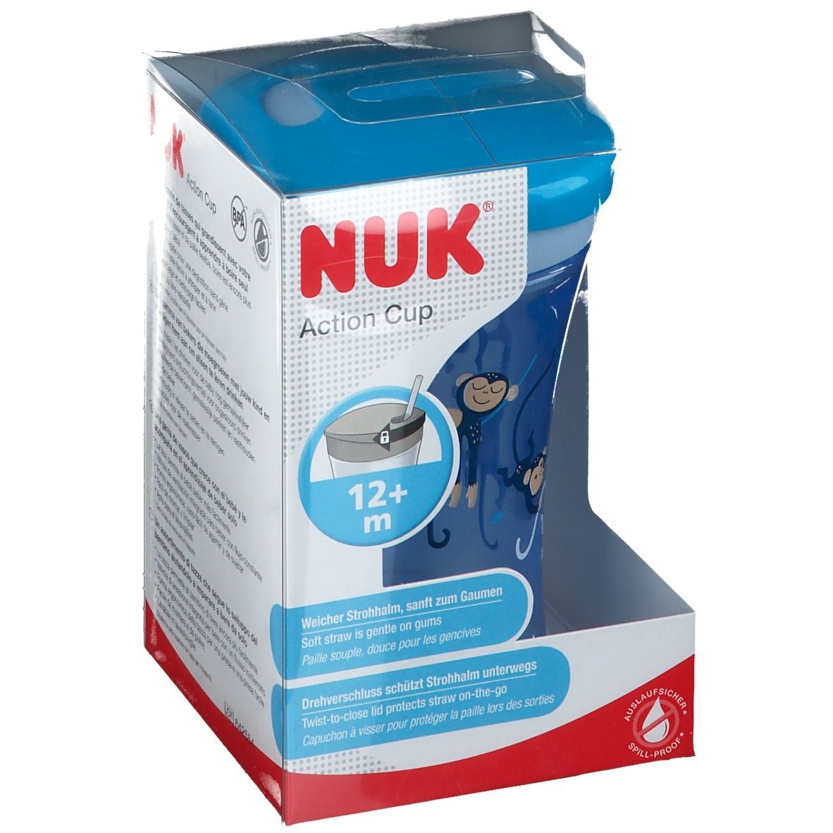 Gobelet NUK Action, bleu, en emballage. Vue en biais du dessus. Motifs singes. Âge: 12+ m.