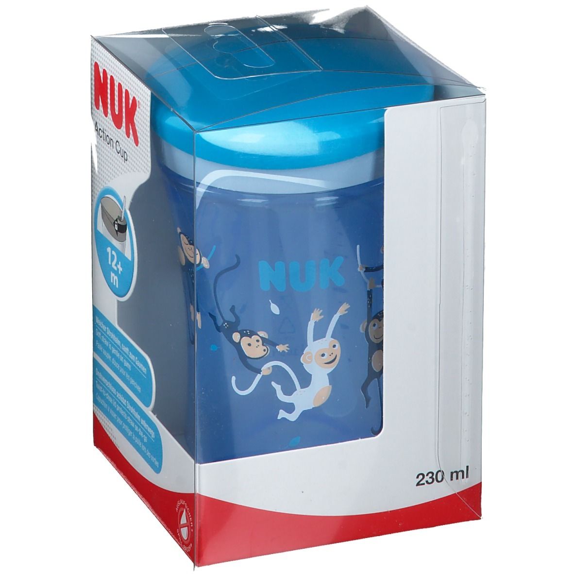 Gobelet NUK Action, bleu, en emballage. Vue oblique de face. Motifs singes. Âge: 12+ m.