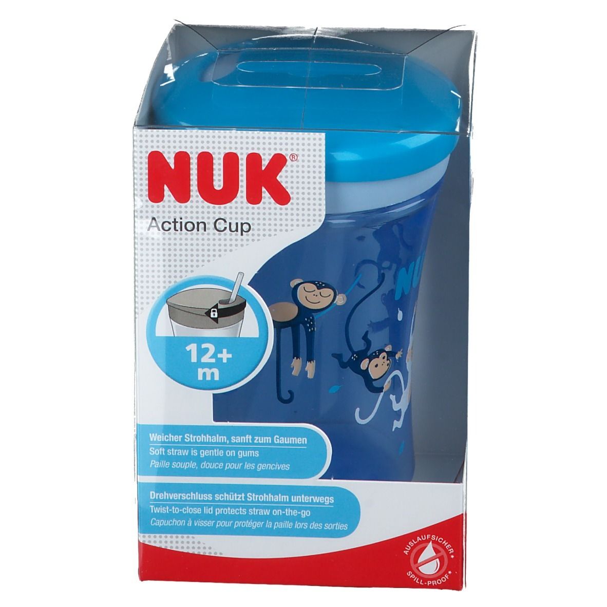 Gobelet NUK Action, bleu, en emballage. Vue oblique de face. Motifs singes. Âge: 12+ m.