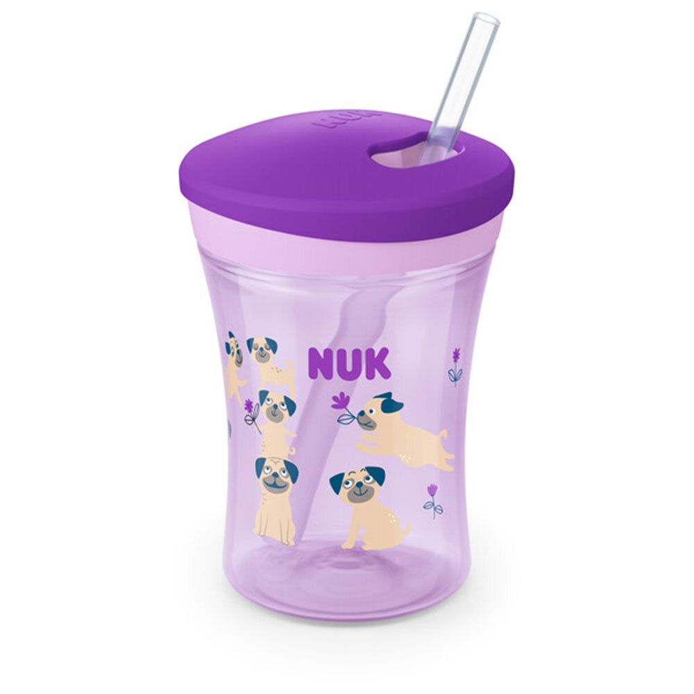 Gobelet NUK Action avec paille, violet. Gobelet avec couvercle et paille. Motifs chiens. Âge: 12+ m.