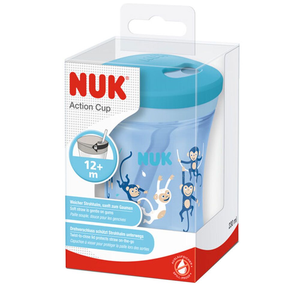 Gobelet NUK Action avec paille, bleu. En emballage. Avec crochet de suspension. Motifs singes. Âge: 12+ m.