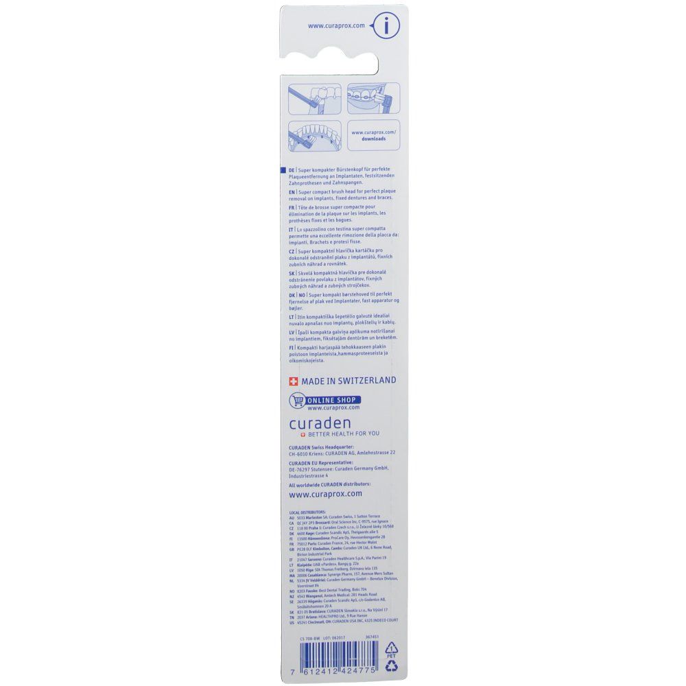Dos de l'emballage de la brosse à dents Curaprox® CS 708 Implant Ortho. Texte multilingue. Fabriqué en Suisse.