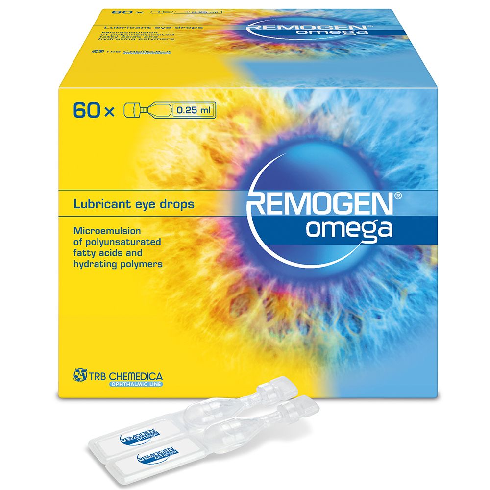 Boîte REMOGEN® omega. 60 unidoses de 0,25 ml. Hydratation oculaire. Contient des acides gras polyinsaturés et des polymères hydratants.