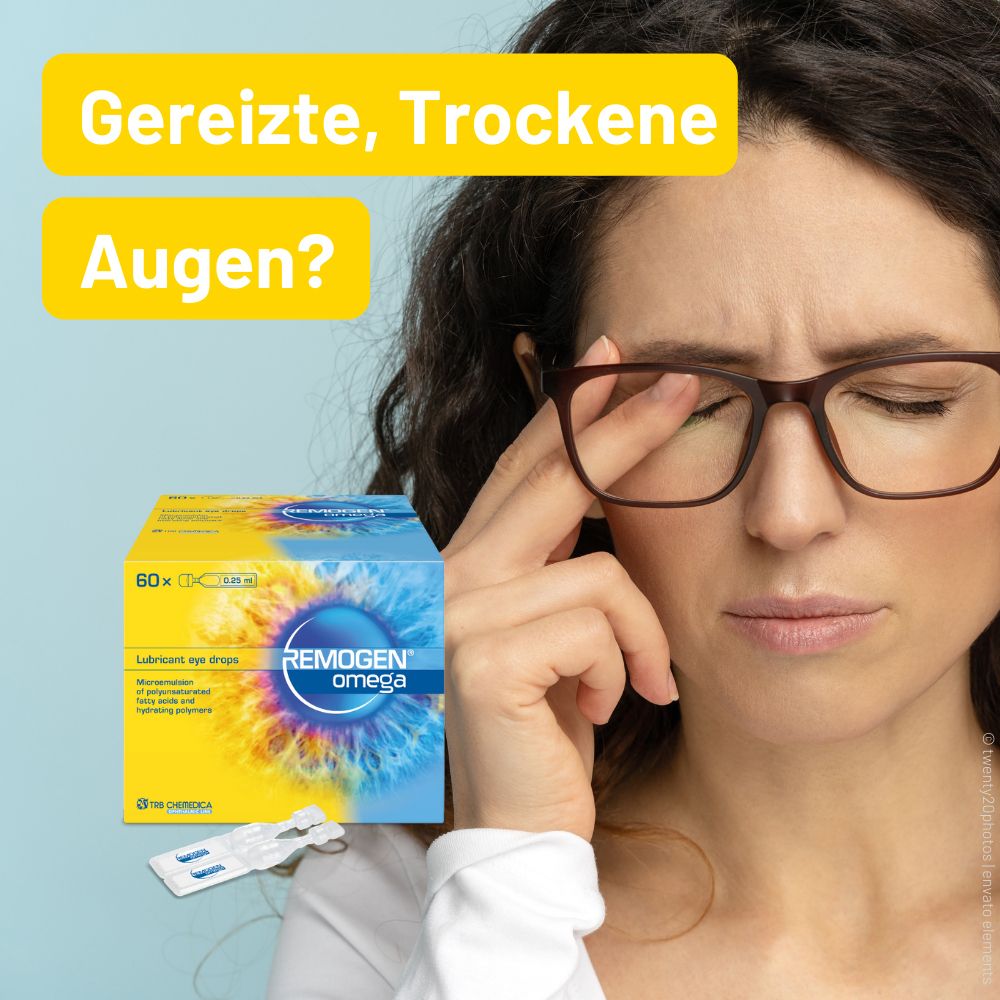 Femme avec des lunettes se frotte l'œil. Boîte REMOGEN® omega en arrière-plan. Texte : Yeux irrités et secs ?