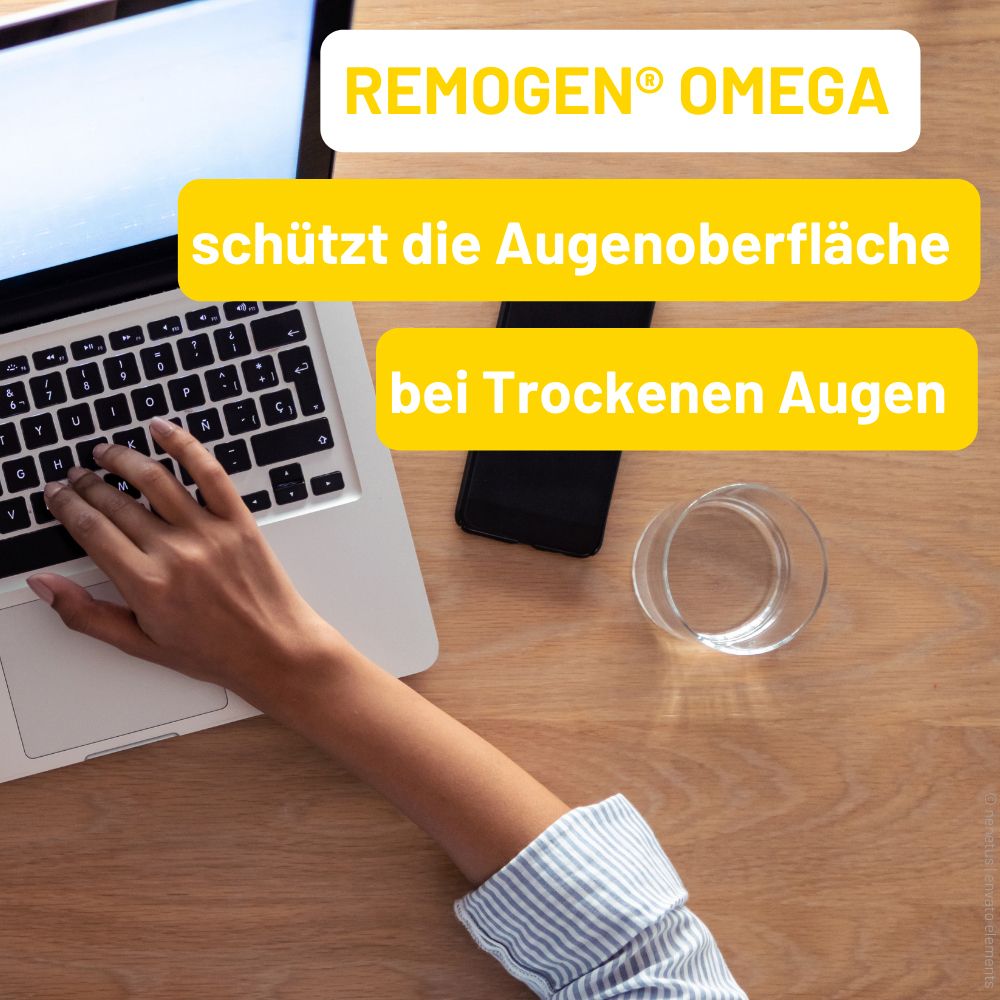 Personne tape sur un ordinateur portable. Verre et smartphone sur une table. Texte : REMOGEN® omega protège la surface oculaire en cas de sécheresse oculaire.