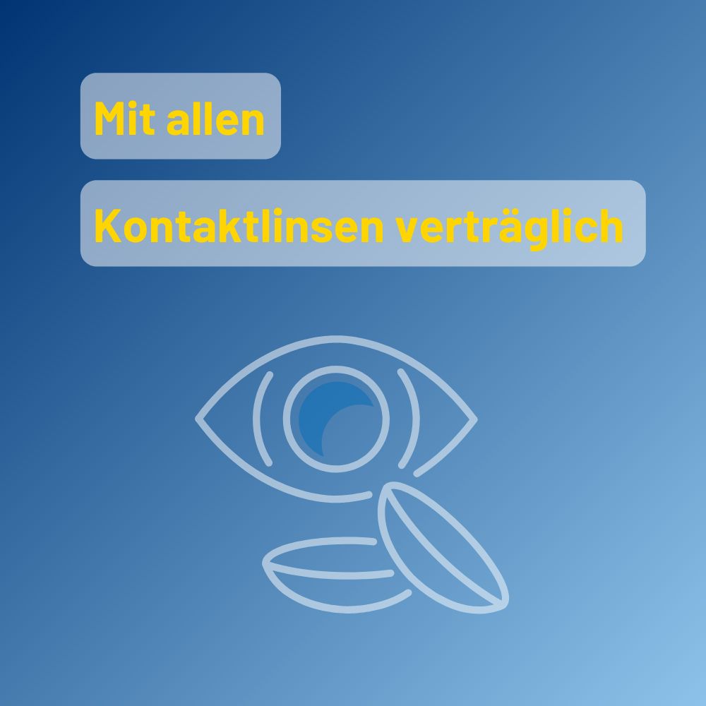 Œil et lentilles de contact. Texte : Compatible avec toutes les lentilles de contact.