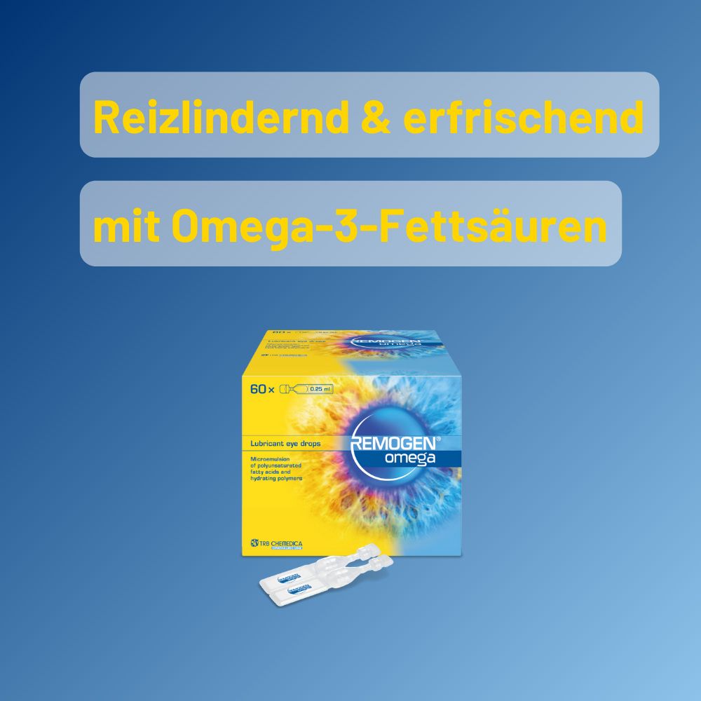 Boîte REMOGEN® omega et unidoses. Texte : Apaise et rafraîchit avec des acides gras oméga-3.
